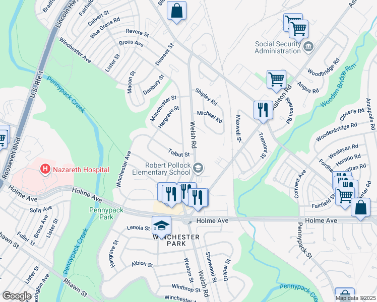 map of restaurants, bars, coffee shops, grocery stores, and more near 2763 Tolbut Street in Philadelphia