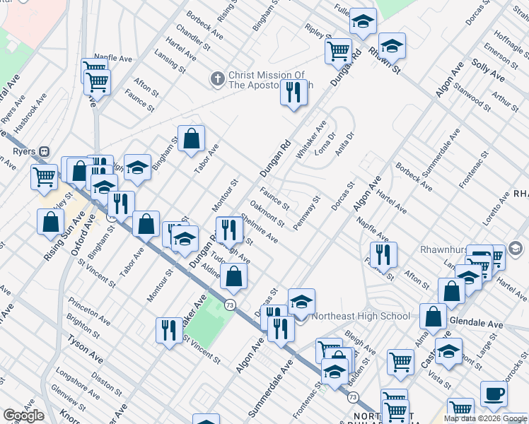 map of restaurants, bars, coffee shops, grocery stores, and more near Whitaker Avenue & Oakmont Street in Philadelphia
