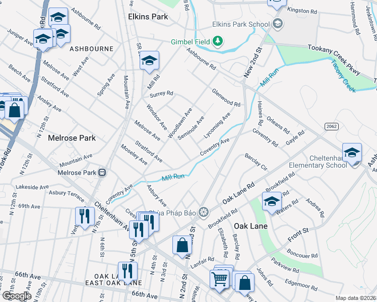 map of restaurants, bars, coffee shops, grocery stores, and more near 7600 Coventry Avenue in Melrose Park