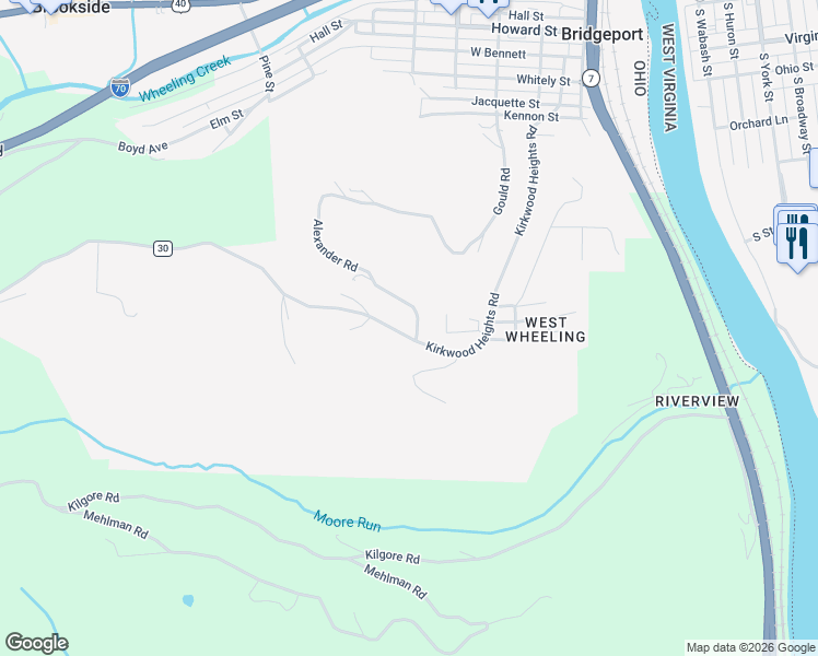 map of restaurants, bars, coffee shops, grocery stores, and more near 67620 Kirkwood Heights Road in Bridgeport