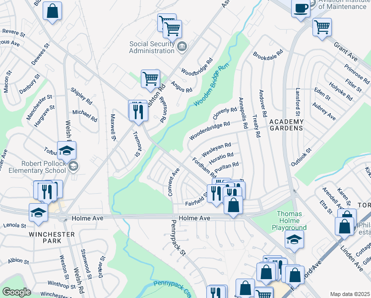 map of restaurants, bars, coffee shops, grocery stores, and more near 9202 Woodenbridge Road in Philadelphia