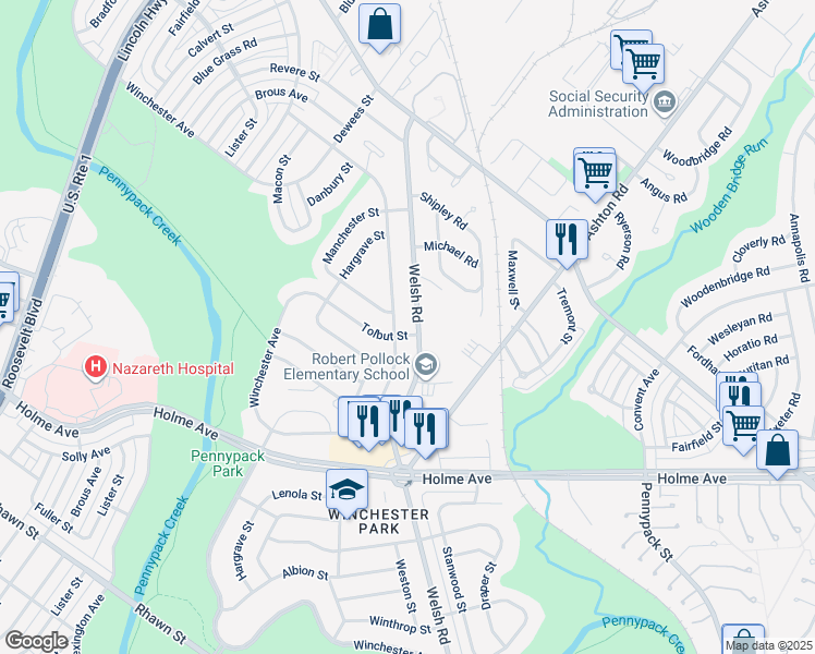 map of restaurants, bars, coffee shops, grocery stores, and more near 2765 Tolbut Street in Philadelphia