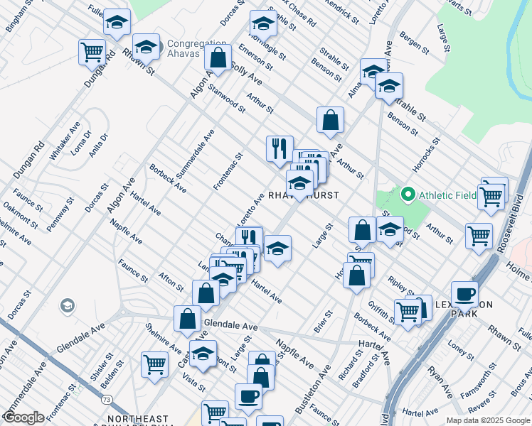 map of restaurants, bars, coffee shops, grocery stores, and more near 1910 Loney Street in Philadelphia