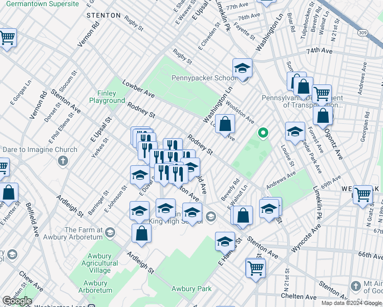 map of restaurants, bars, coffee shops, grocery stores, and more near 1517 Mayland Street in Philadelphia
