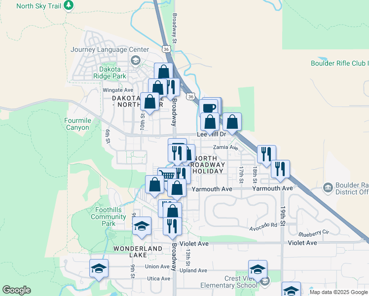 map of restaurants, bars, coffee shops, grocery stores, and more near 4730 Broadway in Boulder