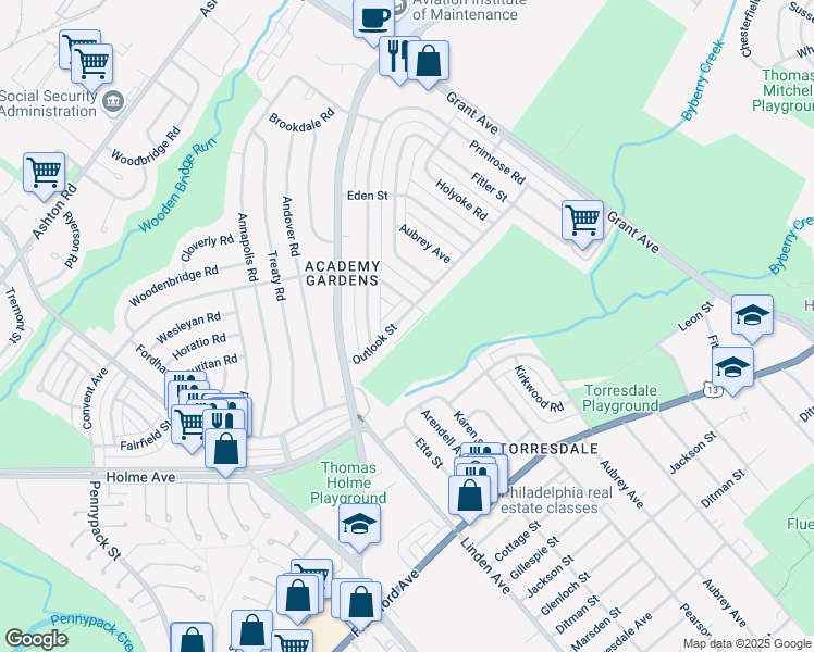 map of restaurants, bars, coffee shops, grocery stores, and more near 9225 Outlook Avenue in Philadelphia