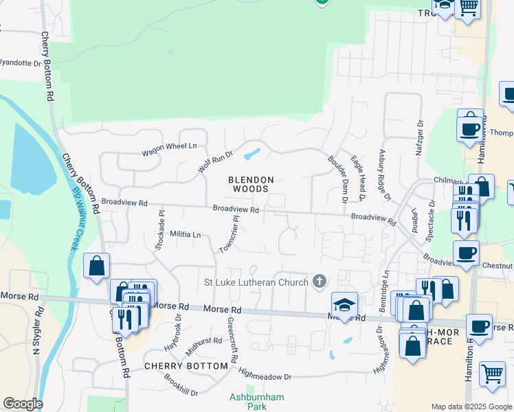 map of restaurants, bars, coffee shops, grocery stores, and more near 4158 Woodville Drive in Columbus