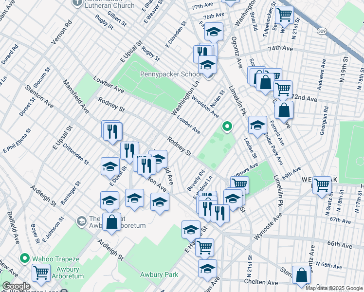 map of restaurants, bars, coffee shops, grocery stores, and more near 1601 East Tulpehocken Street in Philadelphia