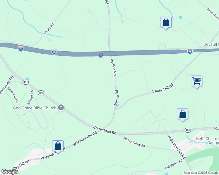 map of restaurants, bars, coffee shops, grocery stores, and more near 2081 Bodine Road in Malvern