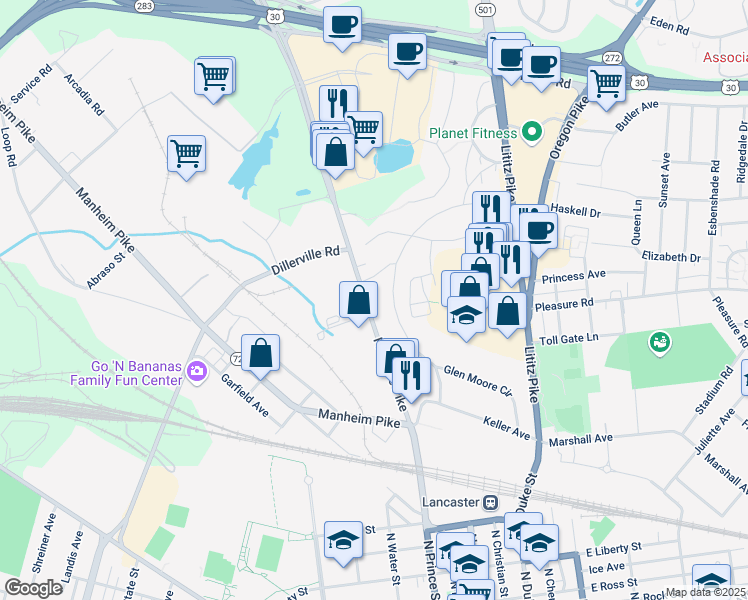 map of restaurants, bars, coffee shops, grocery stores, and more near 1425 Fruitville Pike in Lancaster