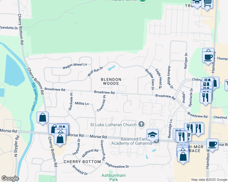 map of restaurants, bars, coffee shops, grocery stores, and more near 4130 Broadview Court in Columbus