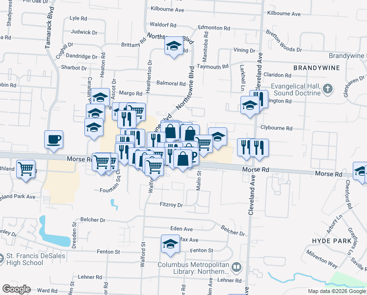map of restaurants, bars, coffee shops, grocery stores, and more near 2256 Morse Road in Columbus