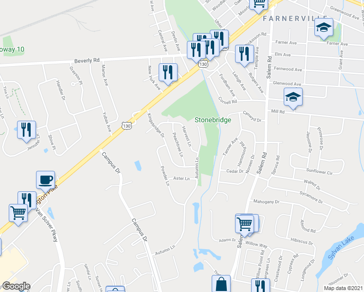 map of restaurants, bars, coffee shops, grocery stores, and more near 20 Peachtree Lane in Burlington