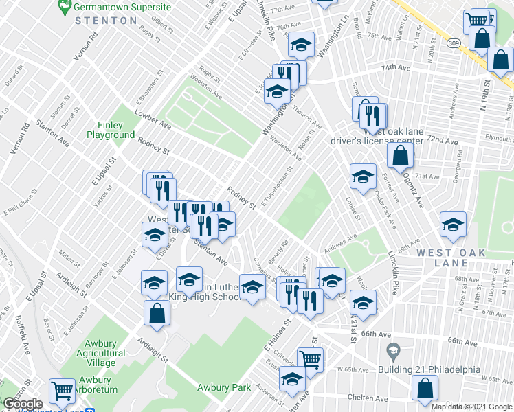 map of restaurants, bars, coffee shops, grocery stores, and more near 1601 East Tulpehocken Street in Philadelphia