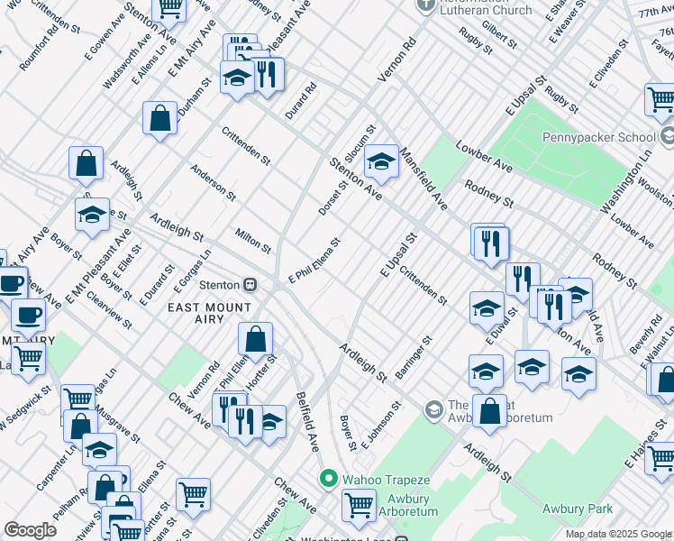 map of restaurants, bars, coffee shops, grocery stores, and more near 6651 Anderson Street in Philadelphia