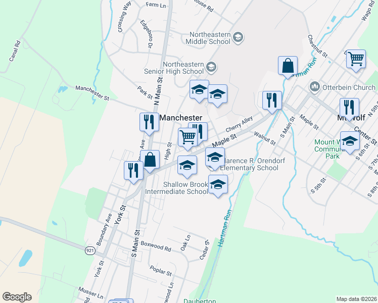 map of restaurants, bars, coffee shops, grocery stores, and more near 148 Maple Street in Manchester