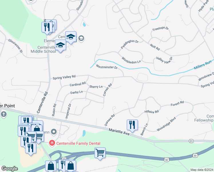 map of restaurants, bars, coffee shops, grocery stores, and more near 955 Sherry Lane in Lancaster