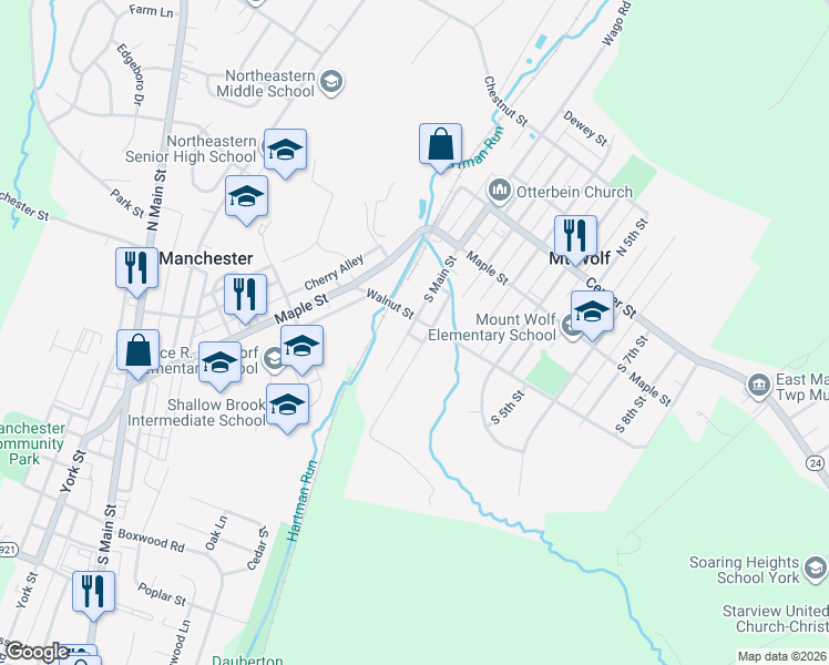 map of restaurants, bars, coffee shops, grocery stores, and more near 245 South Main Street in Mount Wolf