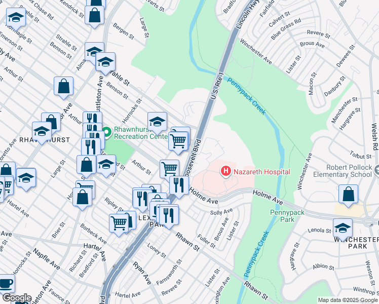 map of restaurants, bars, coffee shops, grocery stores, and more near 8225 Roosevelt Boulevard in Philadelphia