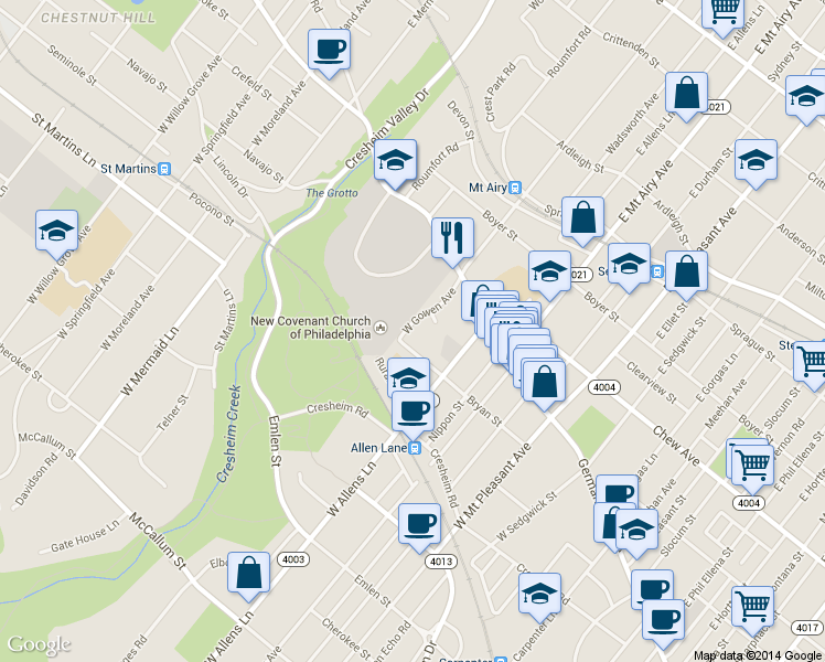 map of restaurants, bars, coffee shops, grocery stores, and more near 55 West Gowen Avenue in Philadelphia