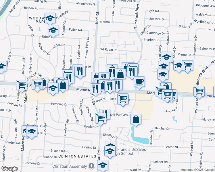 map of restaurants, bars, coffee shops, grocery stores, and more near 1649 Morse Road in Columbus
