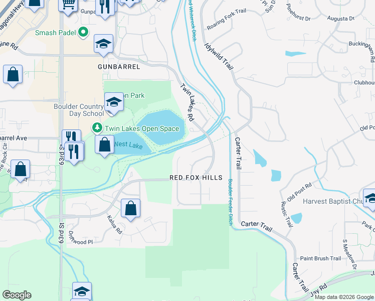 map of restaurants, bars, coffee shops, grocery stores, and more near 4736 Tally Ho Court in Boulder