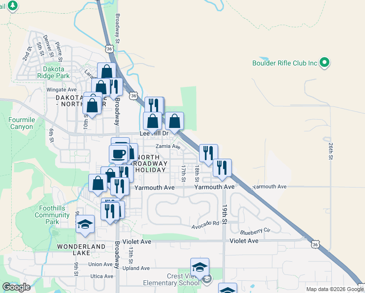 map of restaurants, bars, coffee shops, grocery stores, and more near 1708 Zamia Place in Boulder