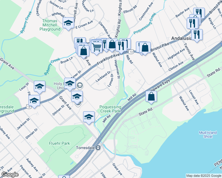 map of restaurants, bars, coffee shops, grocery stores, and more near 4711 Saint Denis Drive in Philadelphia
