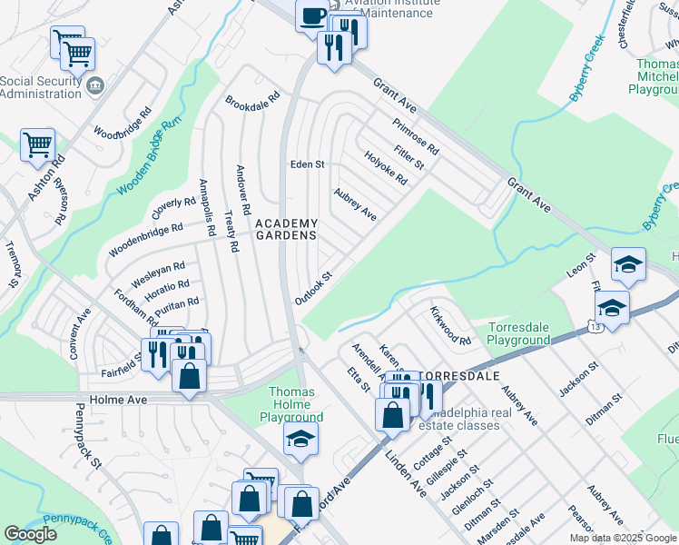 map of restaurants, bars, coffee shops, grocery stores, and more near 9225 Outlook Avenue in Philadelphia