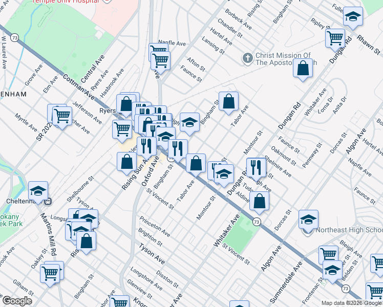 map of restaurants, bars, coffee shops, grocery stores, and more near 7312 Lawndale Avenue in Philadelphia