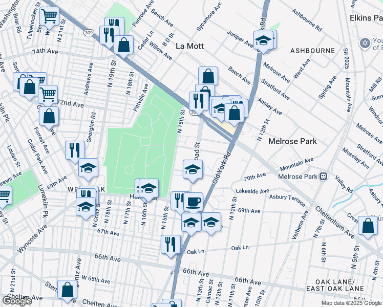 map of restaurants, bars, coffee shops, grocery stores, and more near 7017 North 15th Street in Philadelphia