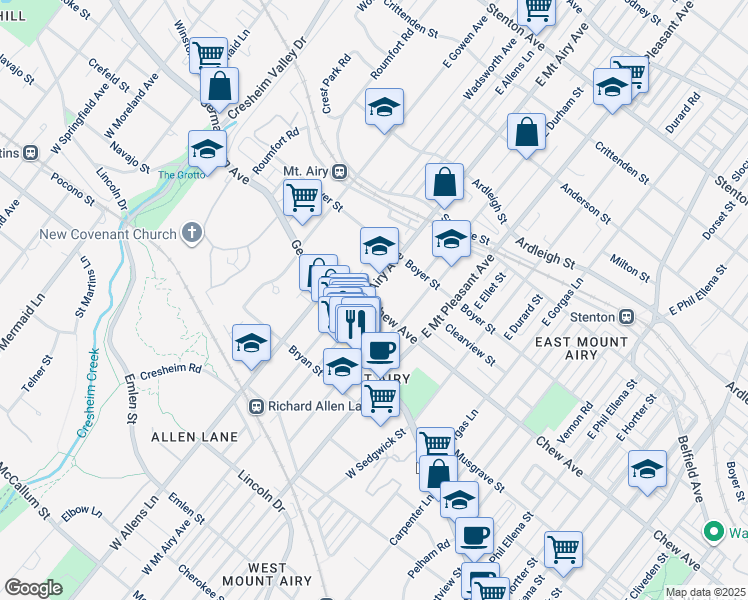 map of restaurants, bars, coffee shops, grocery stores, and more near 7129 Chew Avenue in Philadelphia