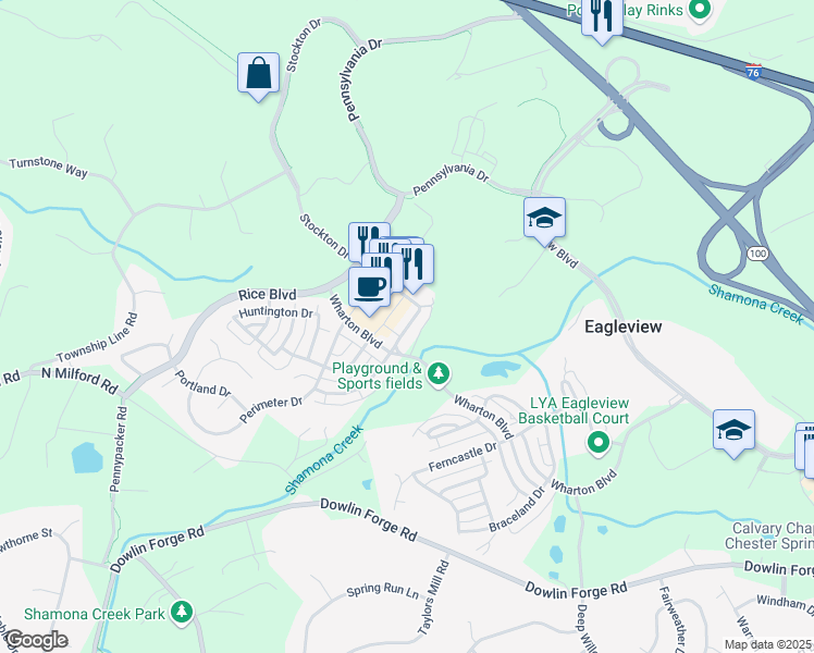 map of restaurants, bars, coffee shops, grocery stores, and more near 588 Wellington Square in Exton