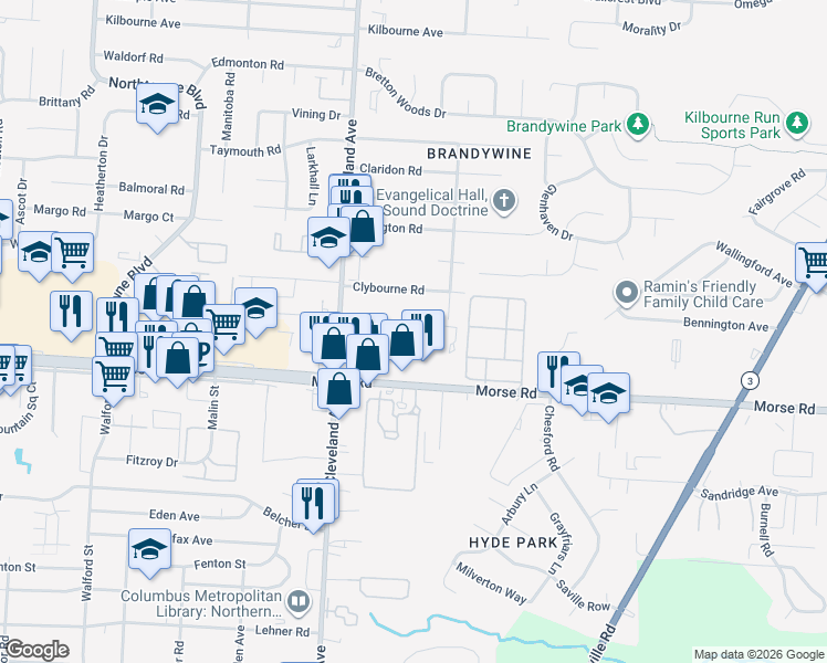 map of restaurants, bars, coffee shops, grocery stores, and more near 2620 Adda Avenue in Columbus