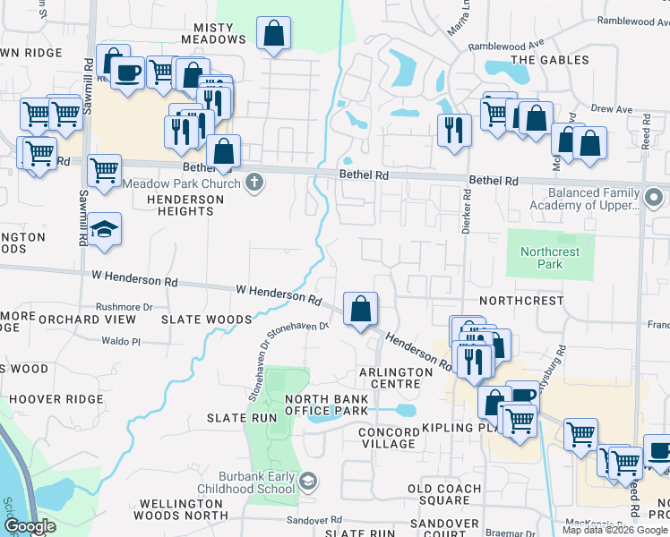 map of restaurants, bars, coffee shops, grocery stores, and more near 3342 Henderson Road in Columbus