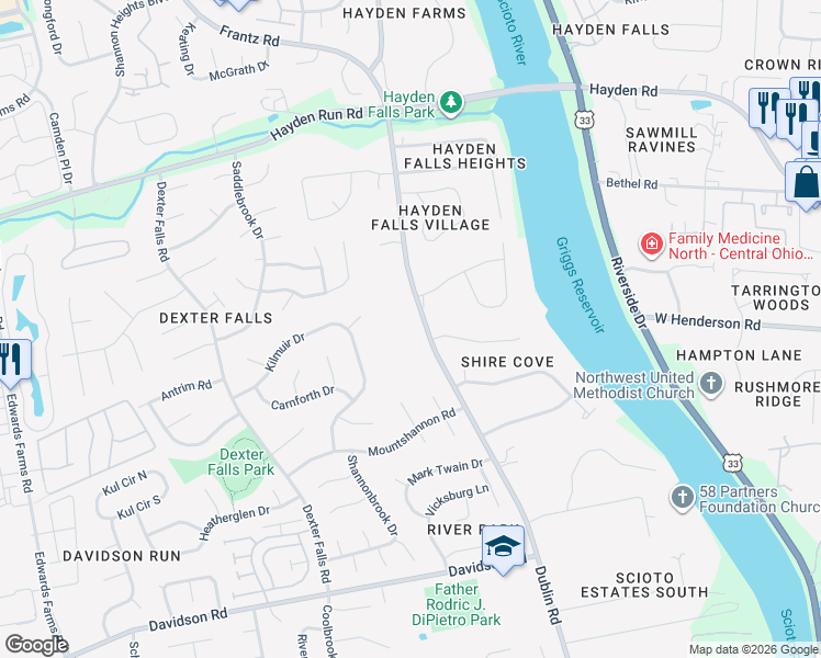 map of restaurants, bars, coffee shops, grocery stores, and more near 4723 Dublin Road in Columbus