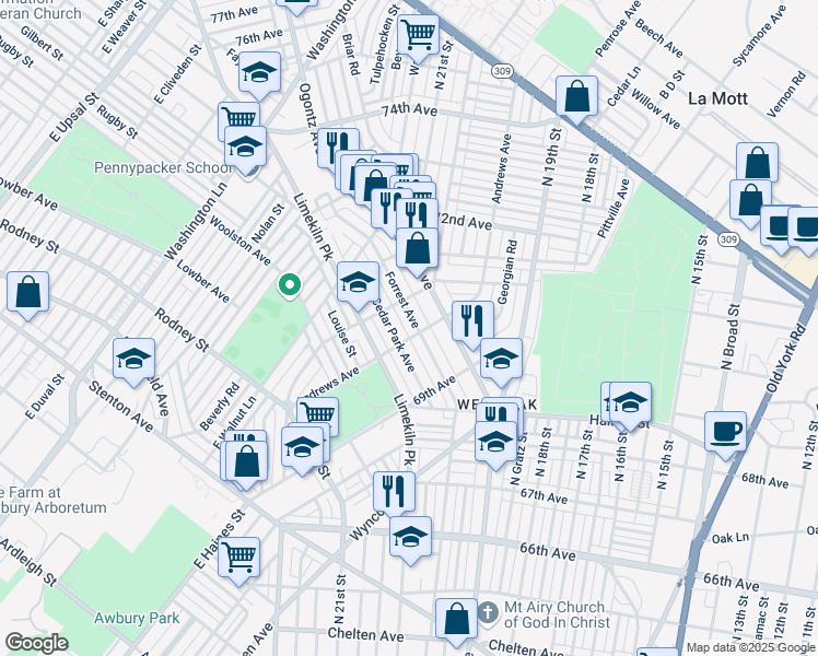 map of restaurants, bars, coffee shops, grocery stores, and more near 7008 Forrest Avenue in Philadelphia