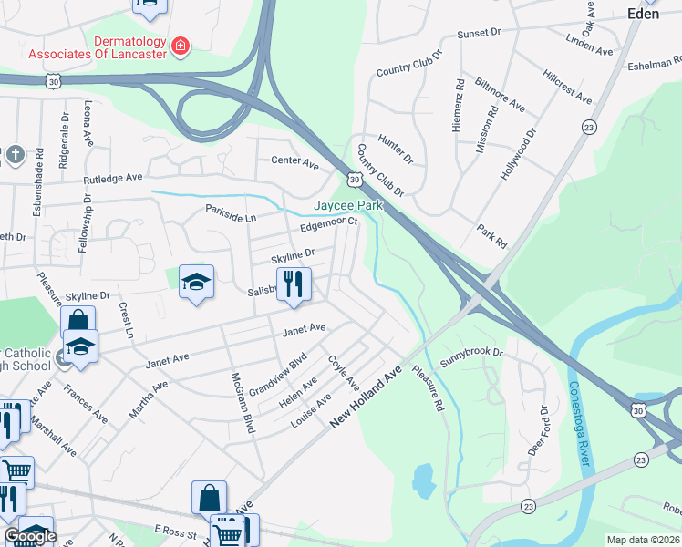 map of restaurants, bars, coffee shops, grocery stores, and more near 1105 Esbenshade Drive in Lancaster