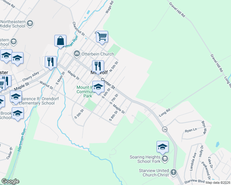 map of restaurants, bars, coffee shops, grocery stores, and more near 35 South 7th Street in Mount Wolf