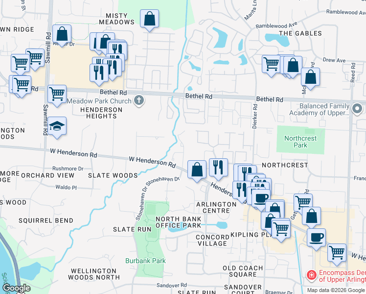 map of restaurants, bars, coffee shops, grocery stores, and more near 3342 Henderson Road in Columbus