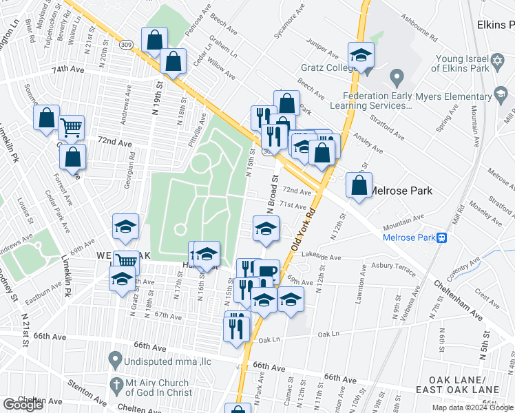 map of restaurants, bars, coffee shops, grocery stores, and more near 1414 71st Avenue in Philadelphia