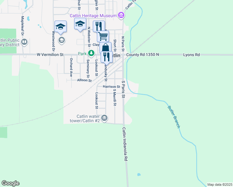 map of restaurants, bars, coffee shops, grocery stores, and more near 202 East Crockett Street in Catlin