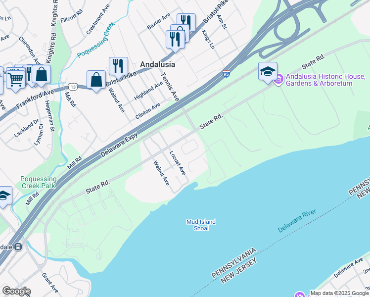 map of restaurants, bars, coffee shops, grocery stores, and more near 842 Village Lane in Bensalem