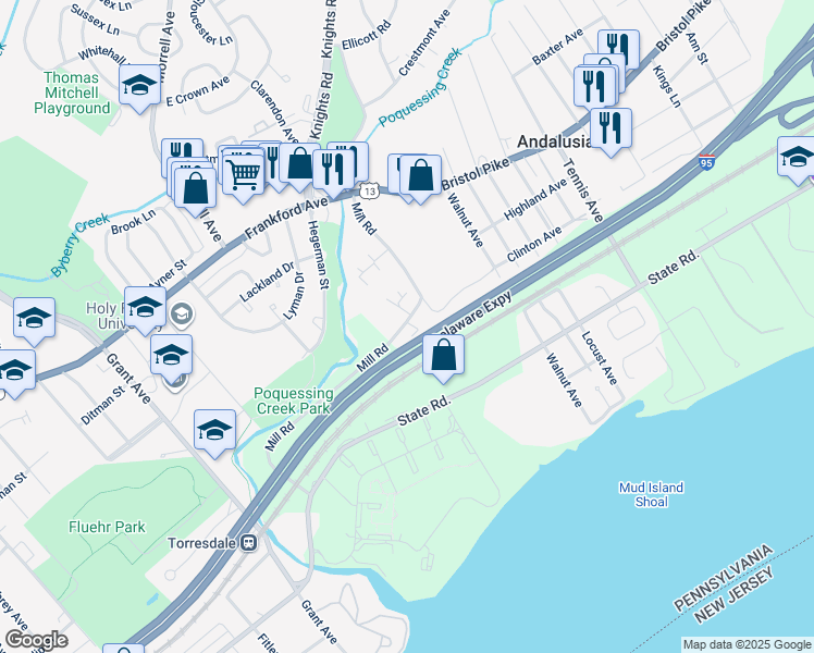 map of restaurants, bars, coffee shops, grocery stores, and more near 475 Mill Road in Bensalem
