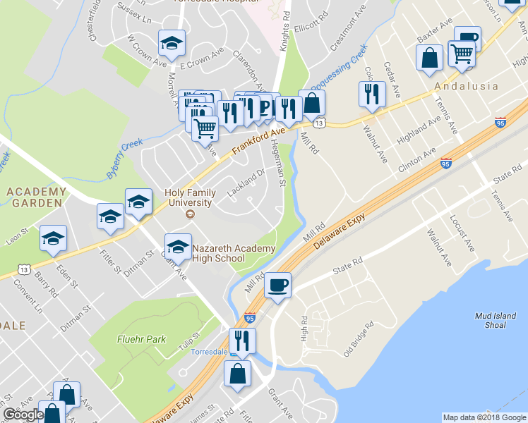map of restaurants, bars, coffee shops, grocery stores, and more near 4709 Saint Denis Drive in Philadelphia