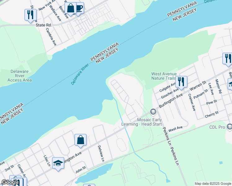 map of restaurants, bars, coffee shops, grocery stores, and more near 68 River Lane in Delanco