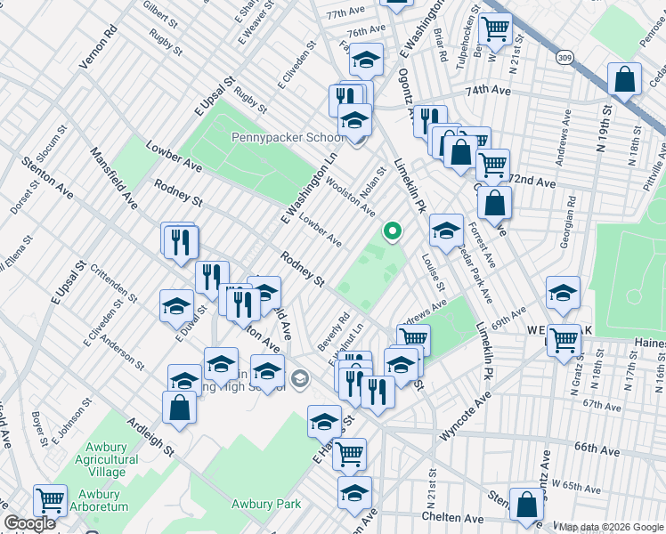 map of restaurants, bars, coffee shops, grocery stores, and more near 1601 Wynsam Street in Philadelphia