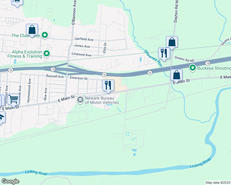 map of restaurants, bars, coffee shops, grocery stores, and more near 999 E Main St in Newark