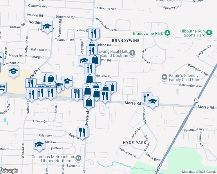 map of restaurants, bars, coffee shops, grocery stores, and more near 2620 Adda Avenue in Columbus