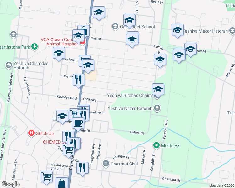 map of restaurants, bars, coffee shops, grocery stores, and more near 8 East 13th Street in Lakewood Township